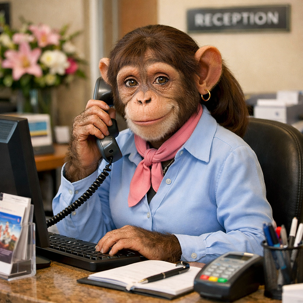 make me a female monkey that is working a front desk job-1